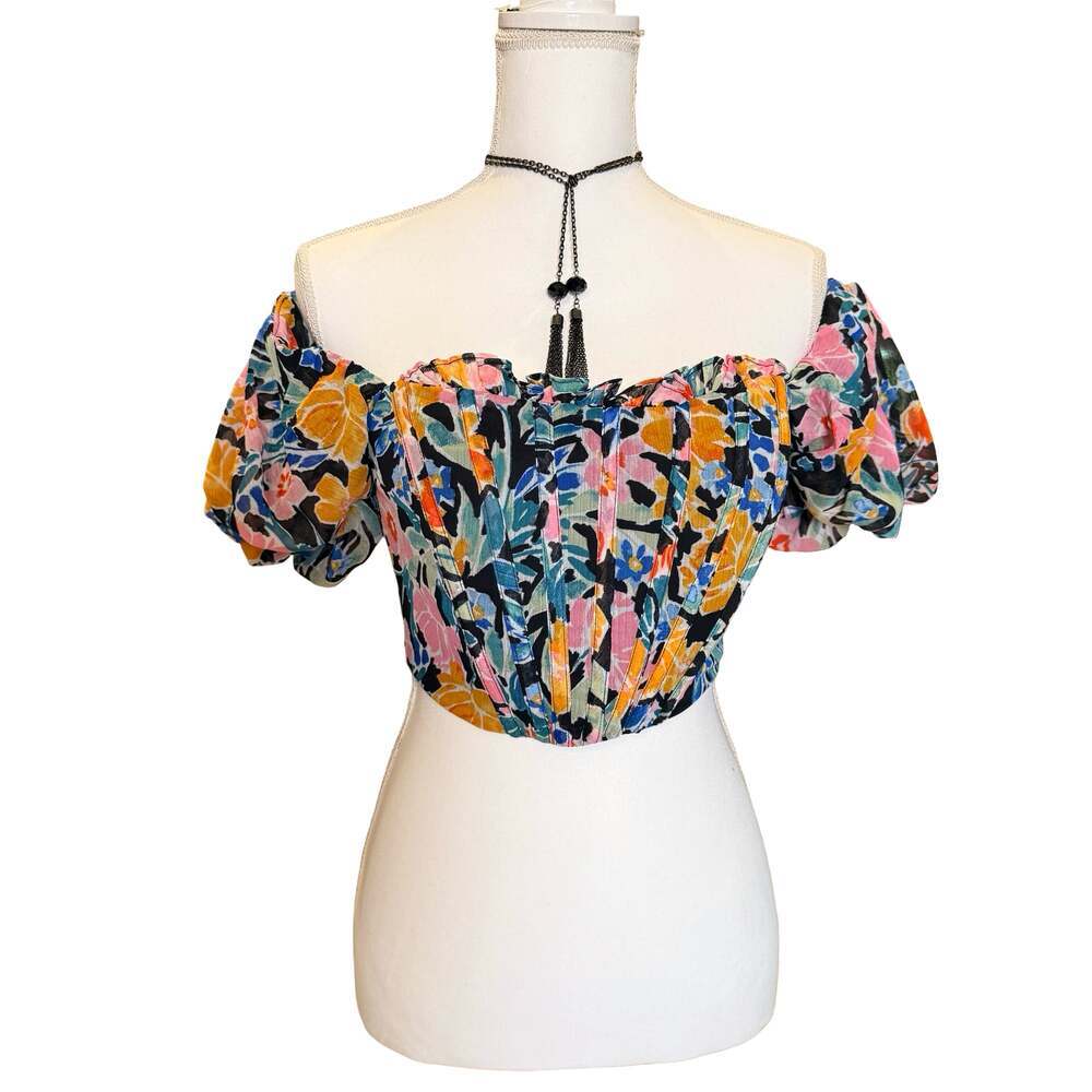 Promesa Floral Off-Shoulder Puff Sleeve Corset Crop Top Size S